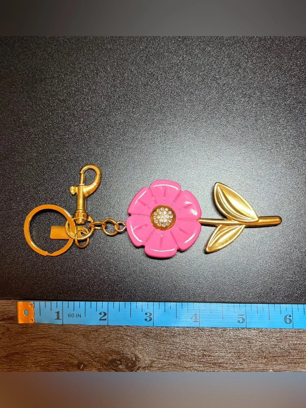Pink Flower Keychain with Gold Stem and Crystal Center